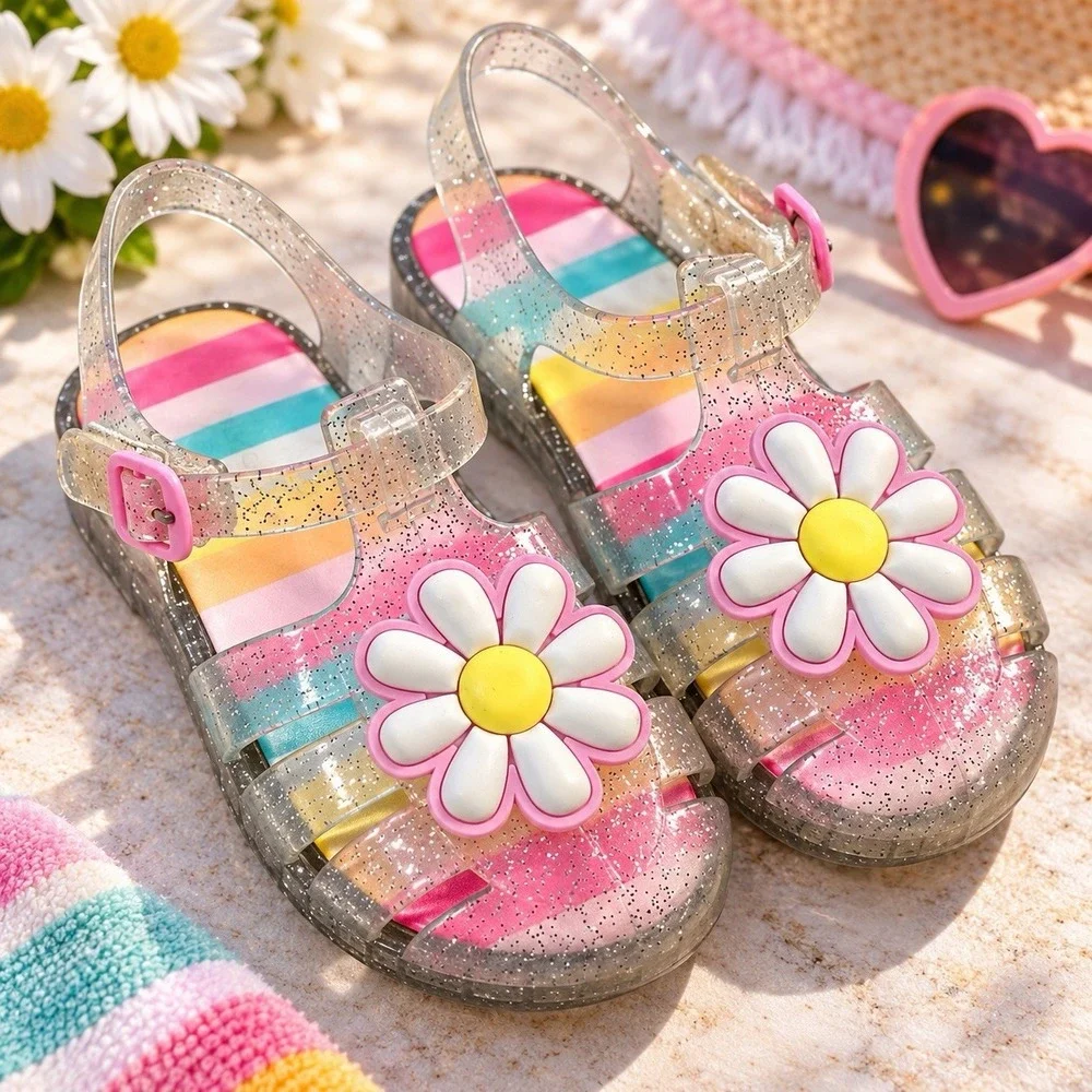 Happily Grey Kids Girls Size 9 Jelly Sandals Glitter Daisy Rainbow Clear Pink